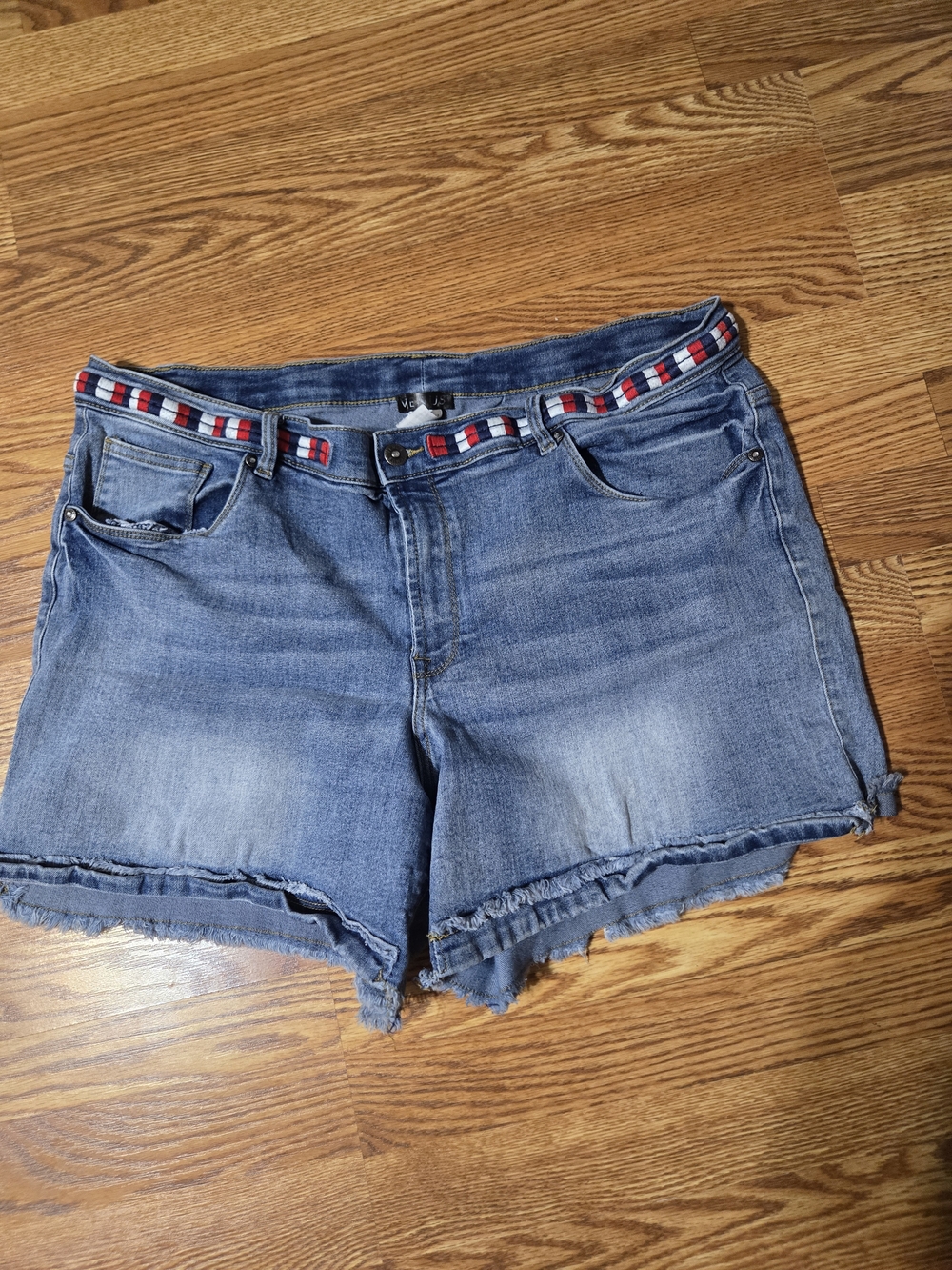 VENUS Blue Denim Cutoff Shorts with Red and White Waistband Trim Sz 18